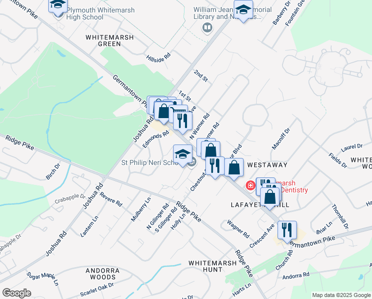 map of restaurants, bars, coffee shops, grocery stores, and more near 3108 Quarry Lane in Lafayette Hill
