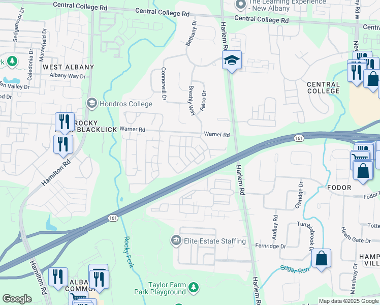 map of restaurants, bars, coffee shops, grocery stores, and more near 5818 Warner Meadows Drive in Westerville
