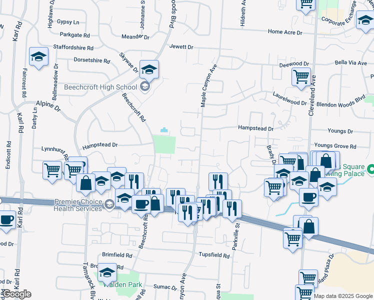 map of restaurants, bars, coffee shops, grocery stores, and more near 2136 Maple Bend in Columbus