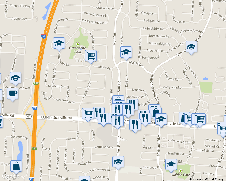 map of restaurants, bars, coffee shops, grocery stores, and more near in Columbus