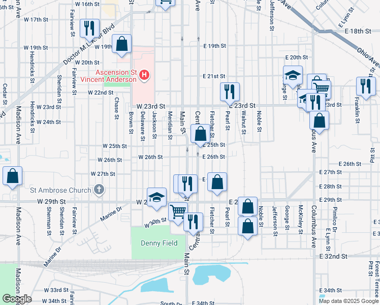 map of restaurants, bars, coffee shops, grocery stores, and more near 2515 Central Avenue in Anderson