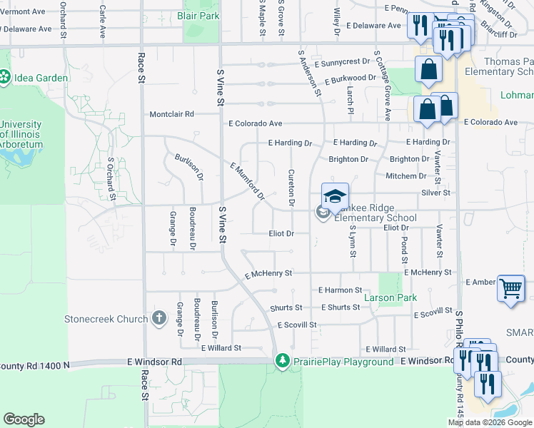 map of restaurants, bars, coffee shops, grocery stores, and more near 501 East Mumford Drive in Urbana