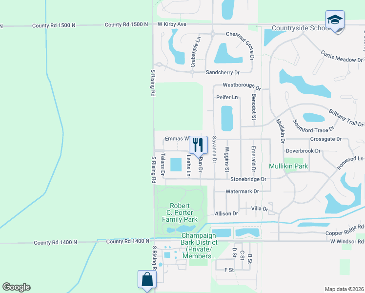 map of restaurants, bars, coffee shops, grocery stores, and more near 5106 Jacks Boulevard in Champaign