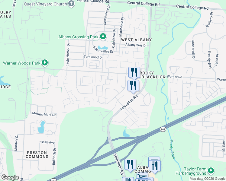 map of restaurants, bars, coffee shops, grocery stores, and more near 6099 Sowerby Lane in Westerville