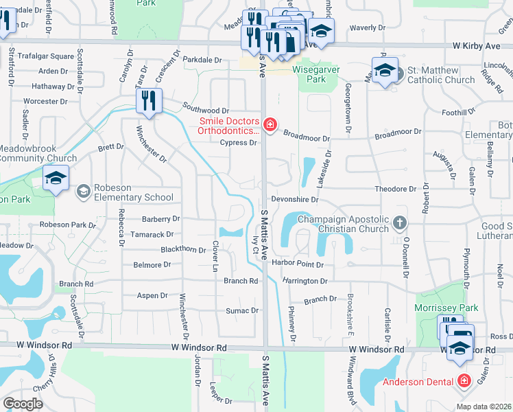 map of restaurants, bars, coffee shops, grocery stores, and more near 2001 South Mattis Avenue in Champaign