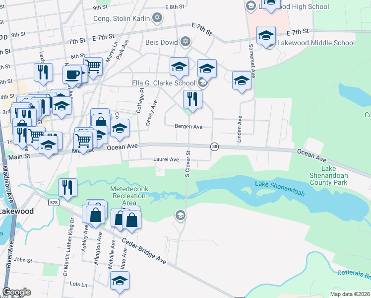 map of restaurants, bars, coffee shops, grocery stores, and more near 14 South Clover Street in Lakewood