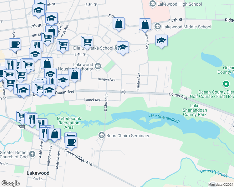 map of restaurants, bars, coffee shops, grocery stores, and more near 428 Ocean Avenue in Lakewood