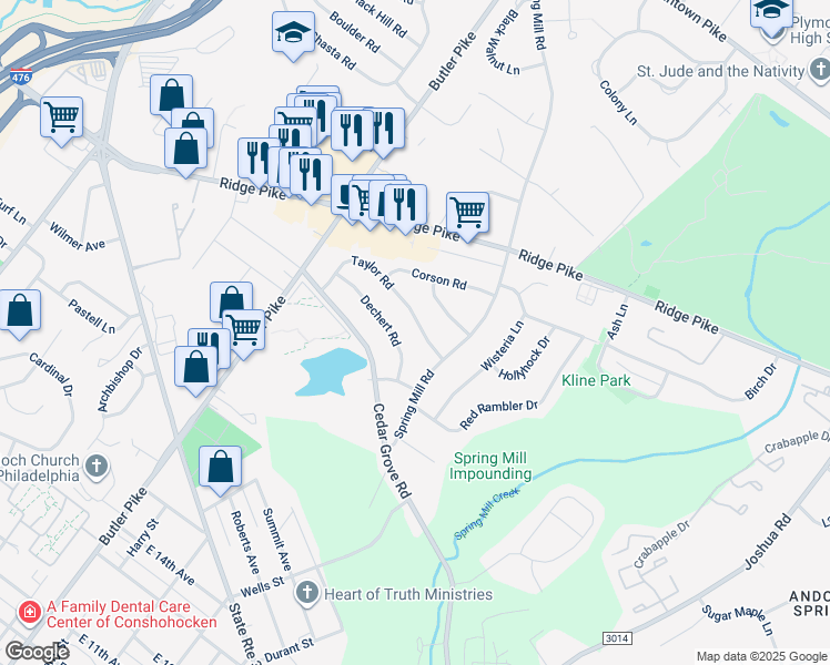 map of restaurants, bars, coffee shops, grocery stores, and more near 38 Taylor Road in Conshohocken