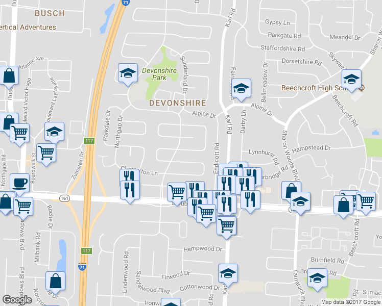 map of restaurants, bars, coffee shops, grocery stores, and more near 1431 Burnley Square South in Columbus