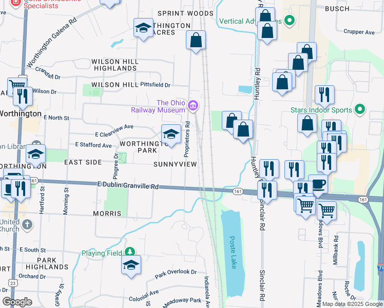 map of restaurants, bars, coffee shops, grocery stores, and more near 862A Proprietors Road in Worthington