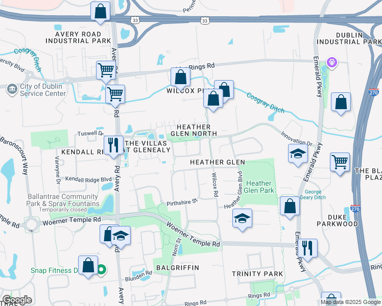 map of restaurants, bars, coffee shops, grocery stores, and more near 5902 Innovation Ct in Dublin