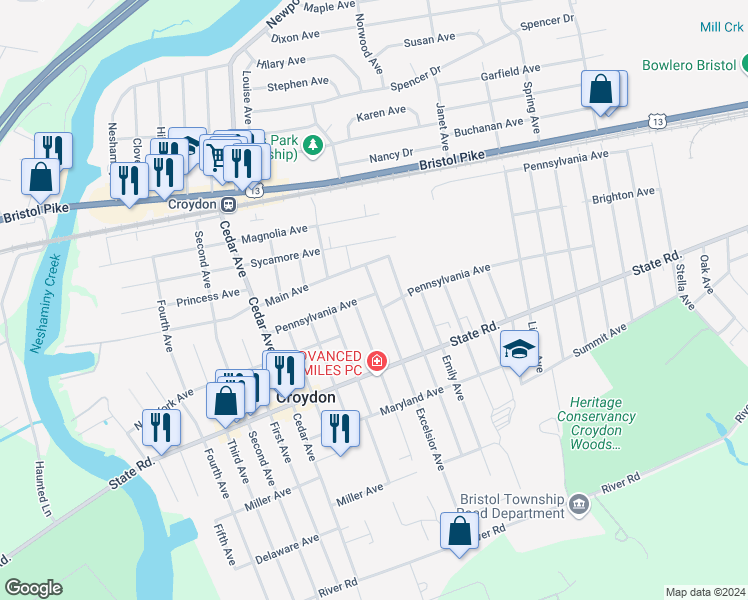 map of restaurants, bars, coffee shops, grocery stores, and more near 1216 Pennsylvania Avenue in Croydon