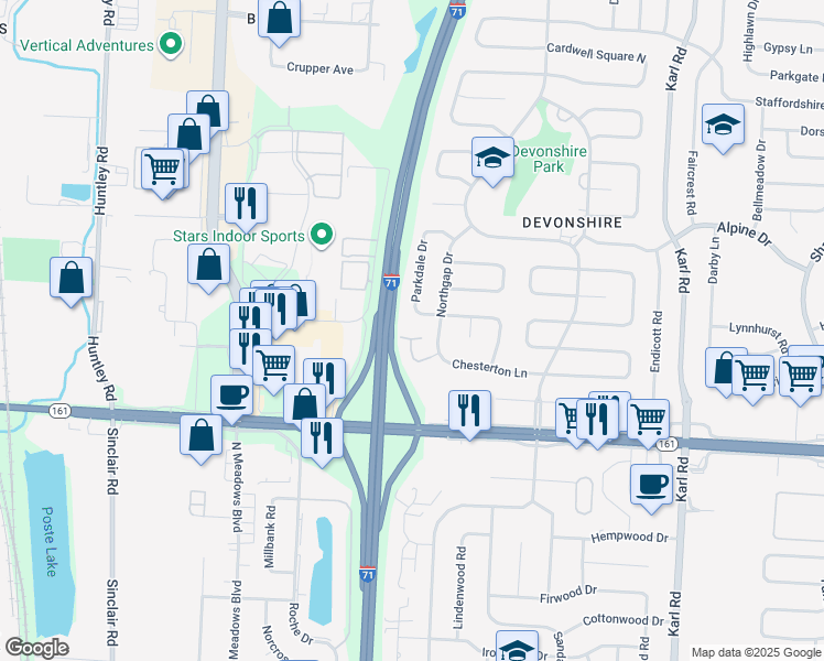 map of restaurants, bars, coffee shops, grocery stores, and more near 1174 Sanborn Place in Columbus