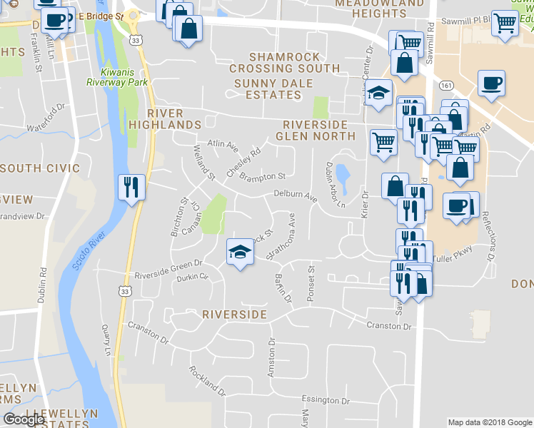 map of restaurants, bars, coffee shops, grocery stores, and more near 6651 Brock Street in Dublin