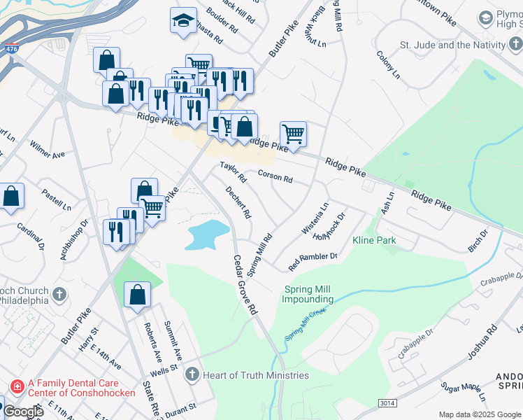map of restaurants, bars, coffee shops, grocery stores, and more near 38 Taylor Road in Conshohocken