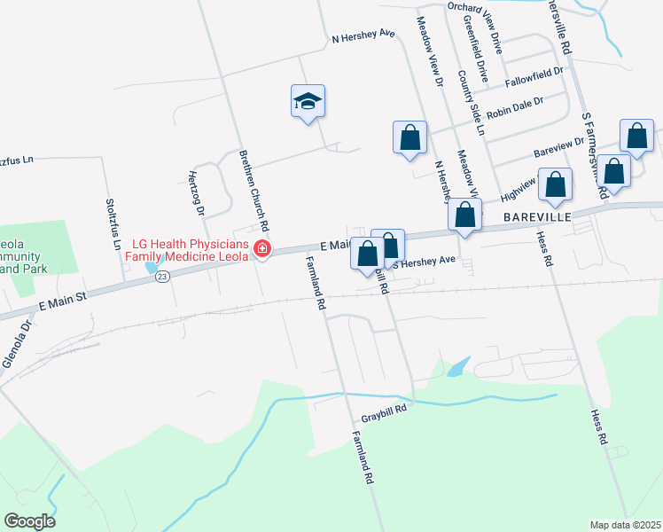 map of restaurants, bars, coffee shops, grocery stores, and more near 176 East Main Street in Leola