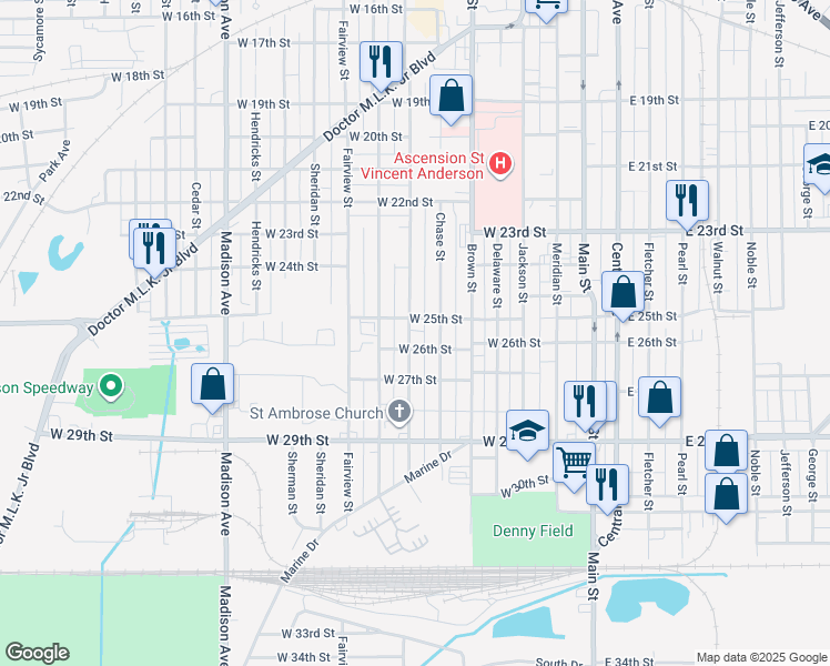 map of restaurants, bars, coffee shops, grocery stores, and more near 2518 Lincoln Street in Anderson