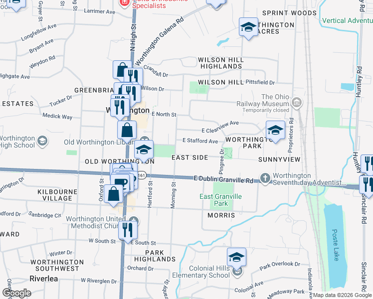 map of restaurants, bars, coffee shops, grocery stores, and more near 154 Franklin Ave in Worthington