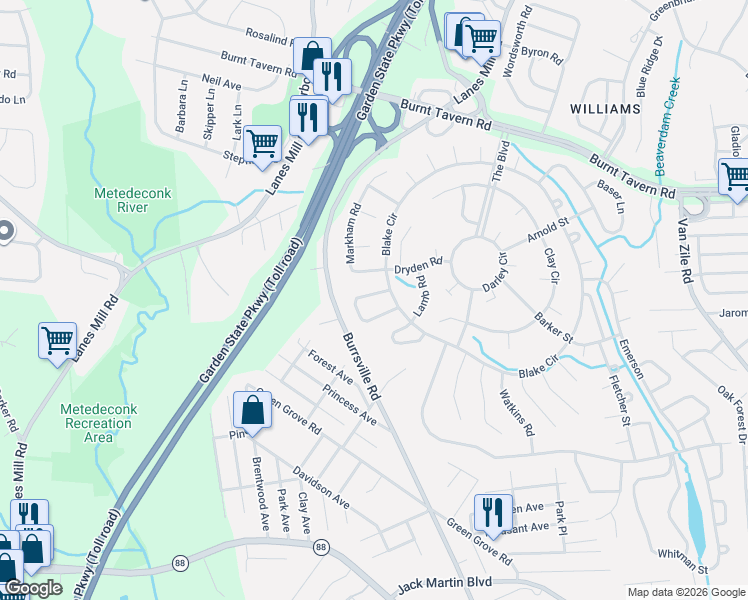 map of restaurants, bars, coffee shops, grocery stores, and more near 44 Patmore Road in Brick Township
