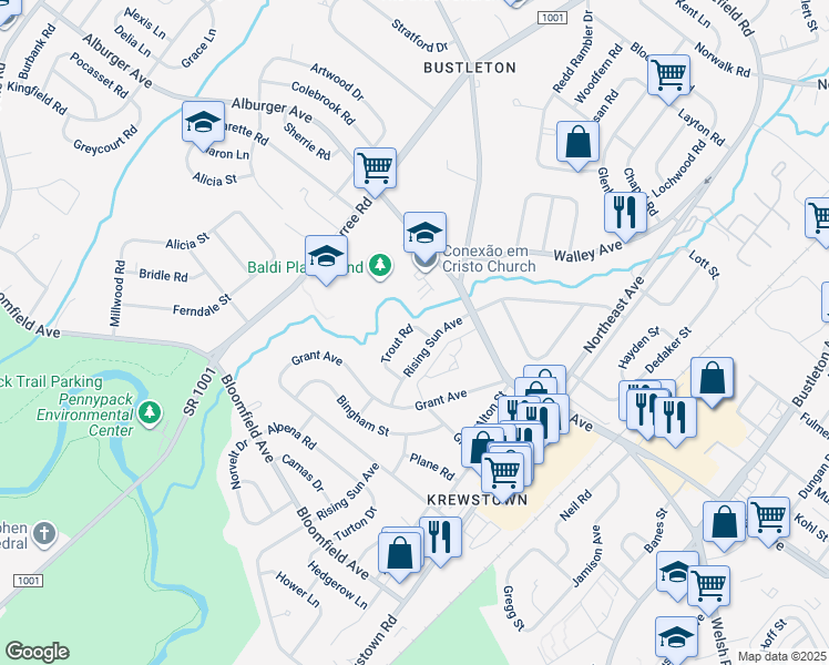 map of restaurants, bars, coffee shops, grocery stores, and more near 9333 Trout Road in Philadelphia