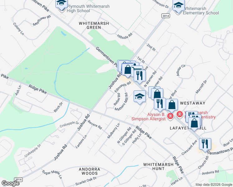 map of restaurants, bars, coffee shops, grocery stores, and more near 3022 Edmonds Rd in Lafayette Hill