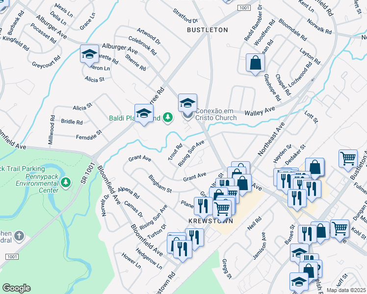 map of restaurants, bars, coffee shops, grocery stores, and more near 9333 Trout Road in Philadelphia