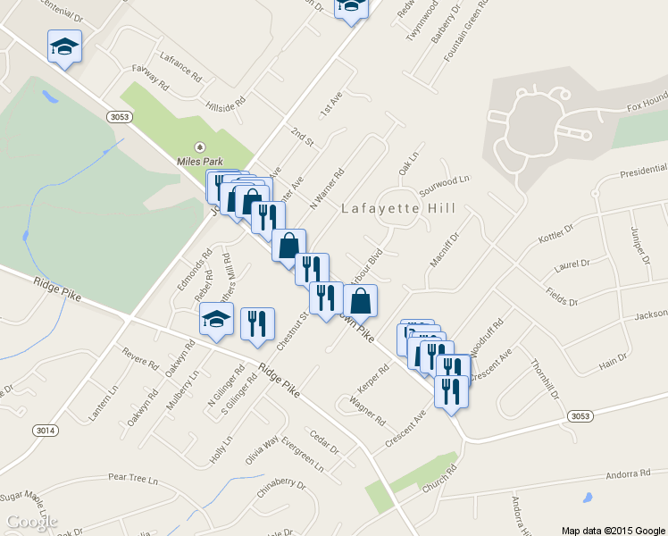 map of restaurants, bars, coffee shops, grocery stores, and more near 459 North Sweet Gum Lane in Lafayette Hill