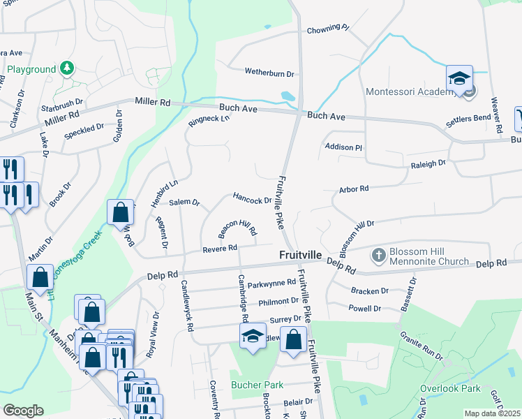 map of restaurants, bars, coffee shops, grocery stores, and more near 2378 Hancock Drive in Lancaster
