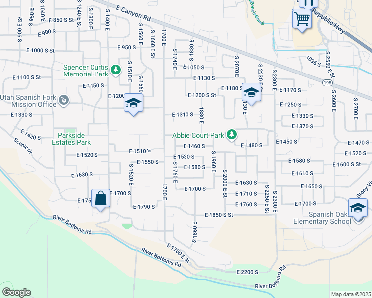 map of restaurants, bars, coffee shops, grocery stores, and more near 1812 East 1460 South in Spanish Fork