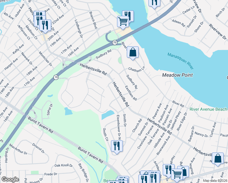 map of restaurants, bars, coffee shops, grocery stores, and more near 3907 Smith Drive in Point Pleasant