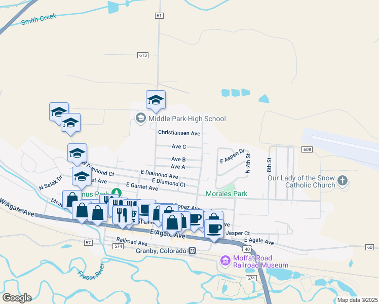 map of restaurants, bars, coffee shops, grocery stores, and more near 340 Avenue C in Granby