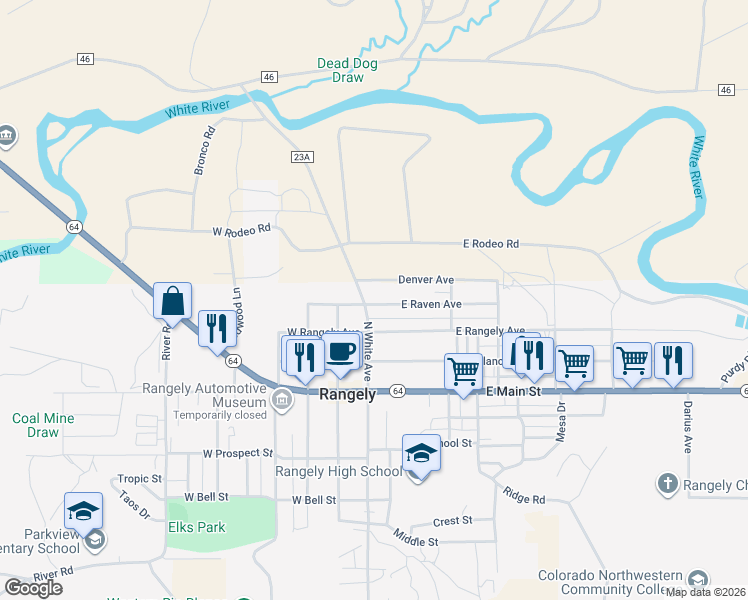 map of restaurants, bars, coffee shops, grocery stores, and more near 106 East Raven Avenue in Rangely