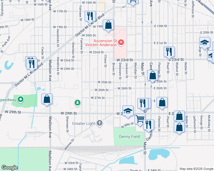 map of restaurants, bars, coffee shops, grocery stores, and more near 2519 Brown Street in Anderson