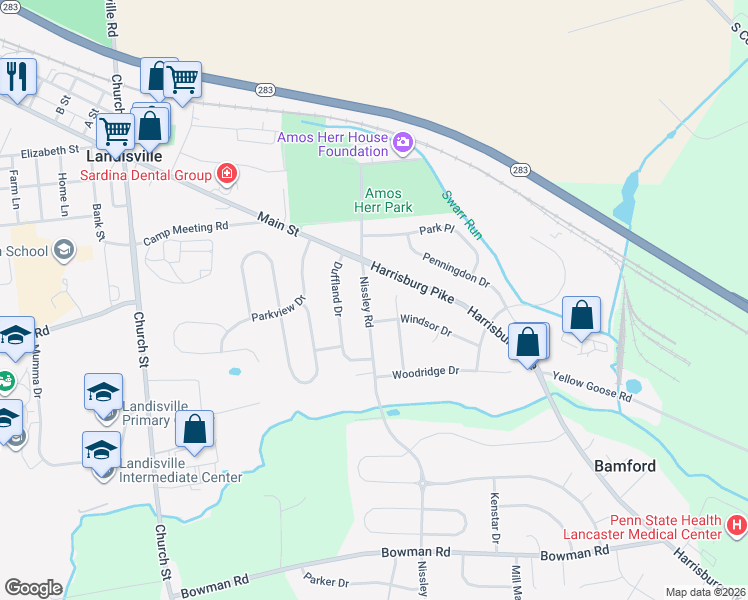 map of restaurants, bars, coffee shops, grocery stores, and more near 1529 Nissley Road in Salunga-Landisville