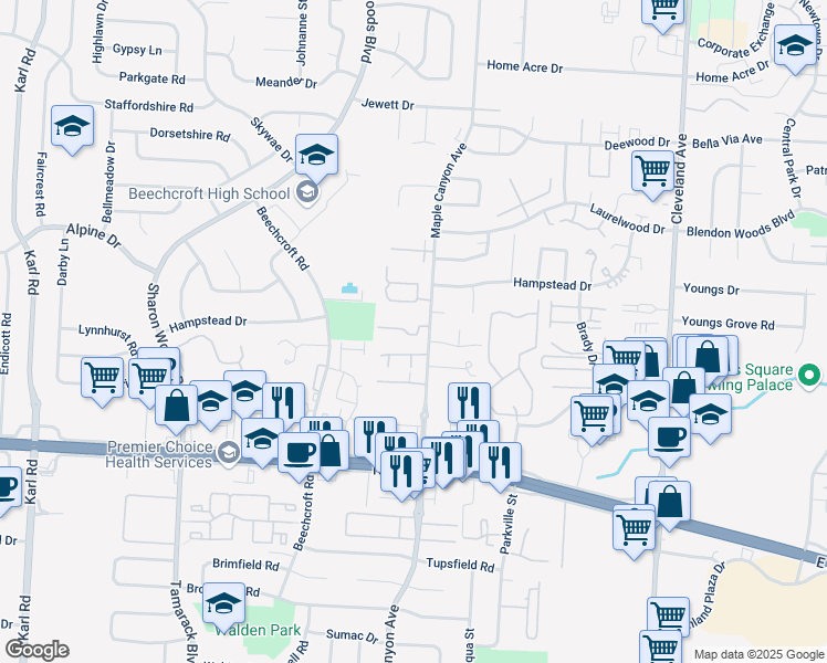map of restaurants, bars, coffee shops, grocery stores, and more near 2136 Maple Bend in Columbus