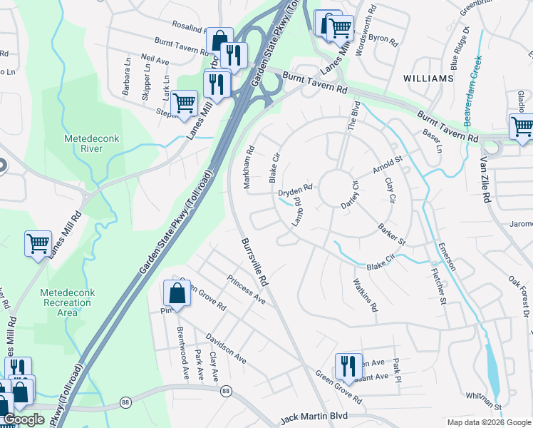 map of restaurants, bars, coffee shops, grocery stores, and more near 44 Patmore Road in Brick Township