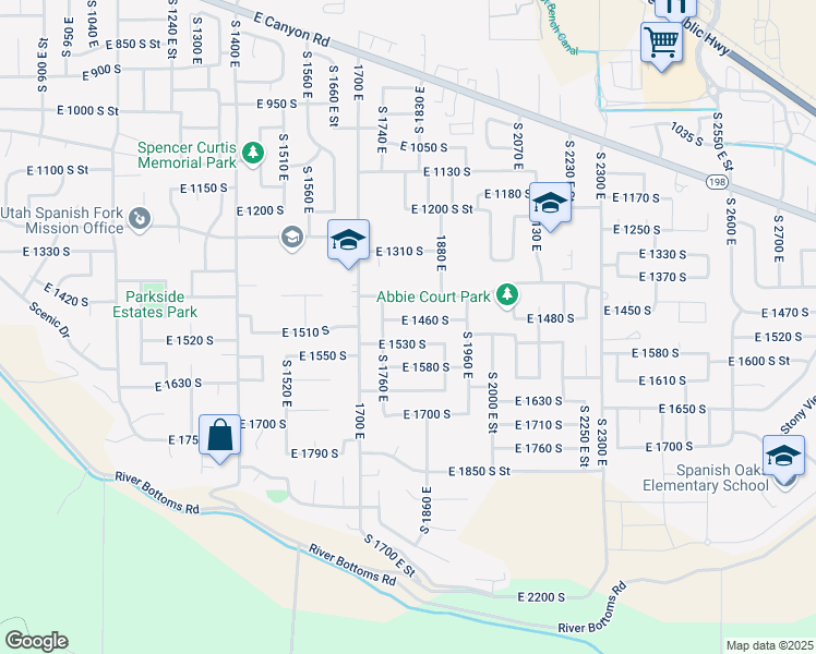 map of restaurants, bars, coffee shops, grocery stores, and more near 1812 East 1460 South in Spanish Fork