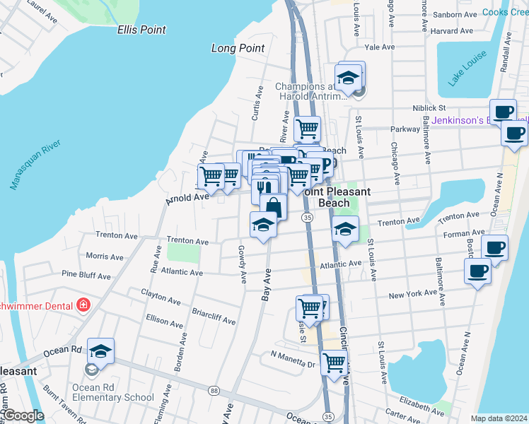 map of restaurants, bars, coffee shops, grocery stores, and more near 529b Bay Avenue in Point Pleasant