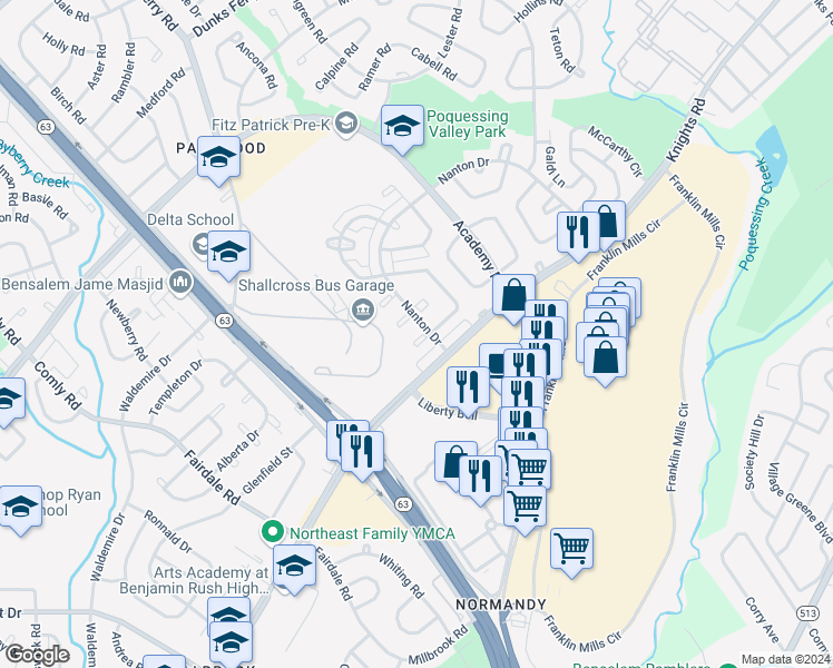 map of restaurants, bars, coffee shops, grocery stores, and more near 3613 Biscayne Place in Philadelphia