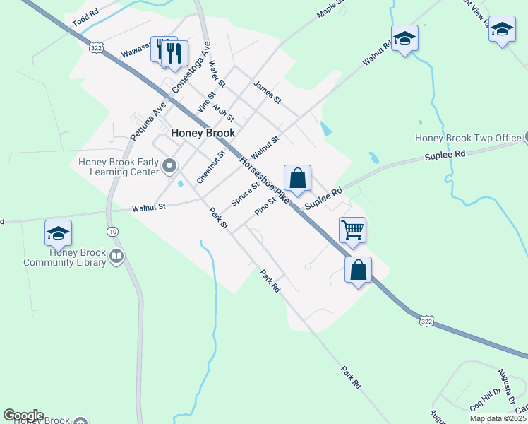 map of restaurants, bars, coffee shops, grocery stores, and more near 910 Pine Street in Honey Brook