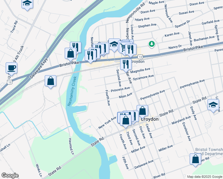 map of restaurants, bars, coffee shops, grocery stores, and more near 513 Princess Avenue in Croydon