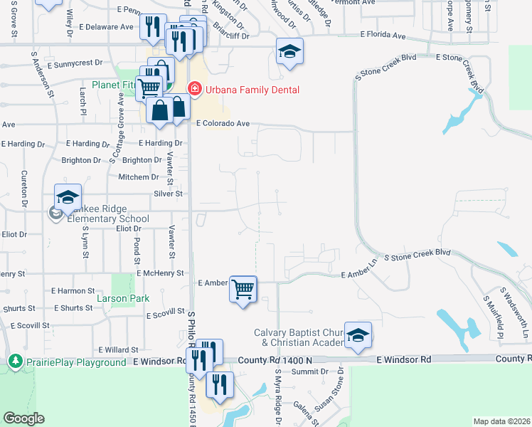 map of restaurants, bars, coffee shops, grocery stores, and more near 2103 Ikenberry Court in Urbana