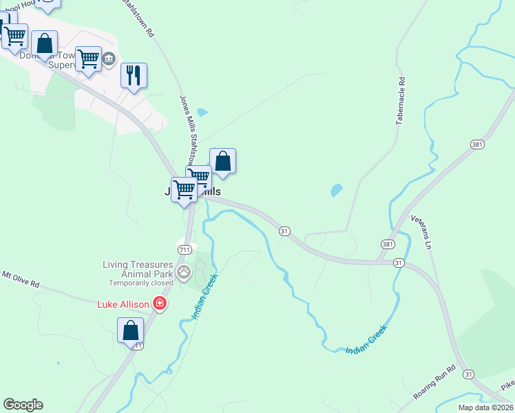 map of restaurants, bars, coffee shops, grocery stores, and more near 4053 Pennsylvania 31 in Jones Mills