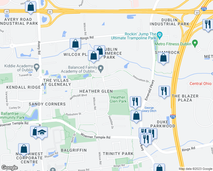 map of restaurants, bars, coffee shops, grocery stores, and more near 5836 Oldenburgh Way in Dublin