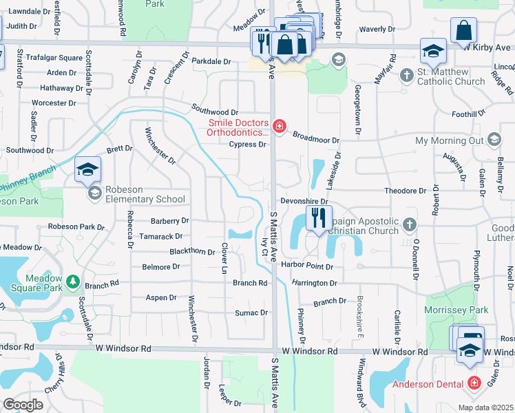 map of restaurants, bars, coffee shops, grocery stores, and more near 1915 Barberry Circle in Champaign