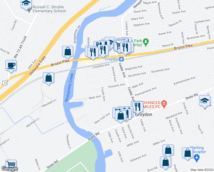 map of restaurants, bars, coffee shops, grocery stores, and more near 513 Princess Avenue in Croydon