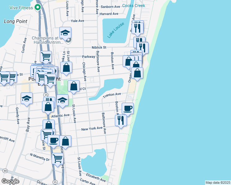 map of restaurants, bars, coffee shops, grocery stores, and more near 101 Trenton Avenue in Point Pleasant Beach
