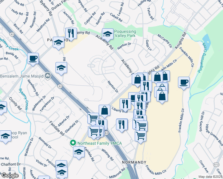 map of restaurants, bars, coffee shops, grocery stores, and more near 3613 Biscayne Place in Philadelphia