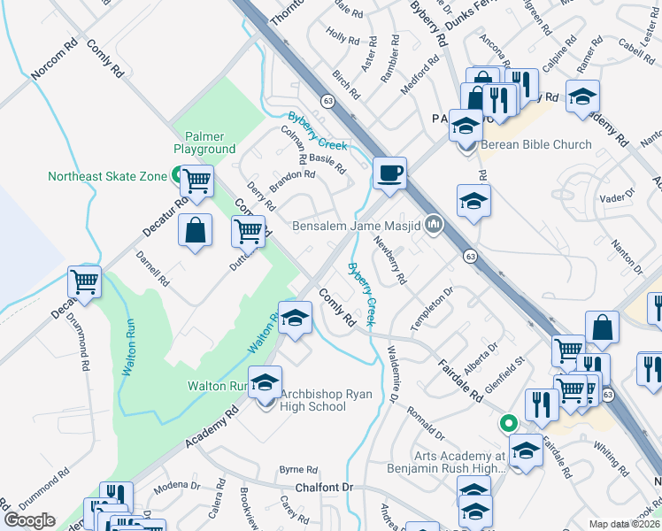 map of restaurants, bars, coffee shops, grocery stores, and more near 11849B Academy Road in Philadelphia