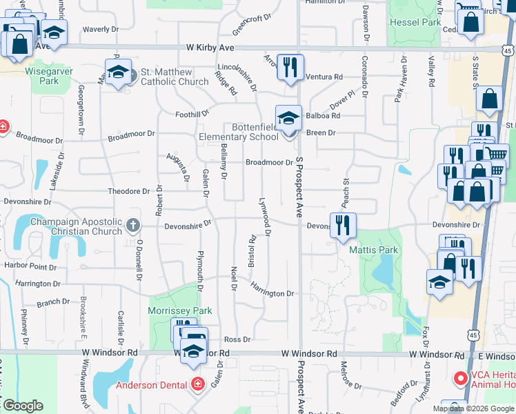 map of restaurants, bars, coffee shops, grocery stores, and more near 2003 Lynwood Dr in Champaign